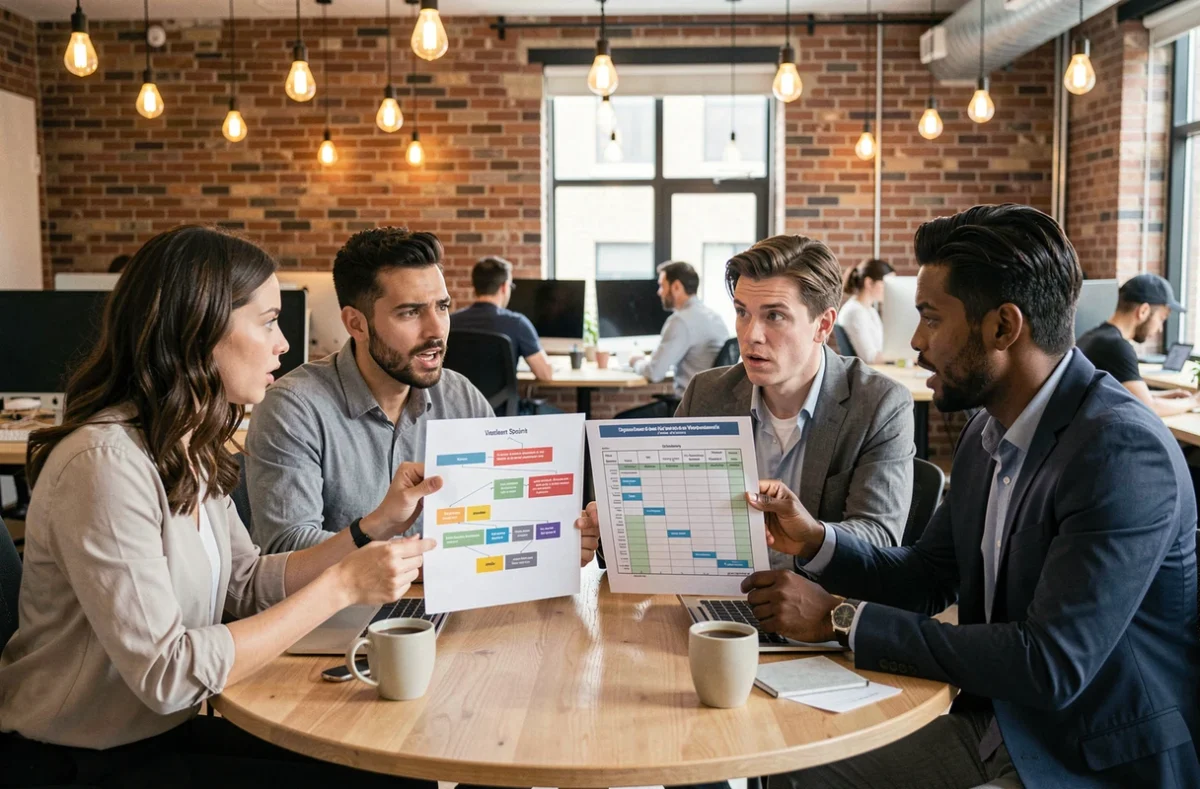 Équipe de professionnels comparant une feuille de route agile et un planning traditionnel en cascade lors d'une réunion dans un espace de coworking, illustrant le choix entre agilité et méthode classique