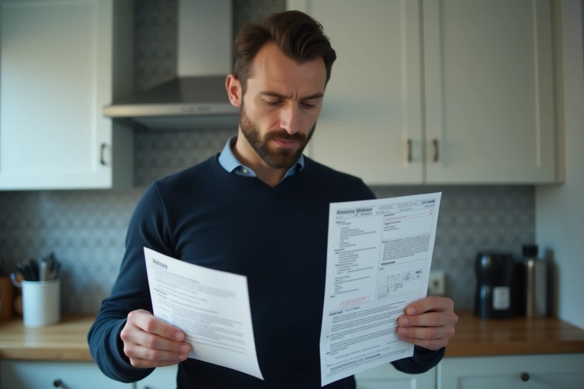 Homme comparant une attestation sur l'honneur et un justificatif de domicile officiel dans sa cuisine