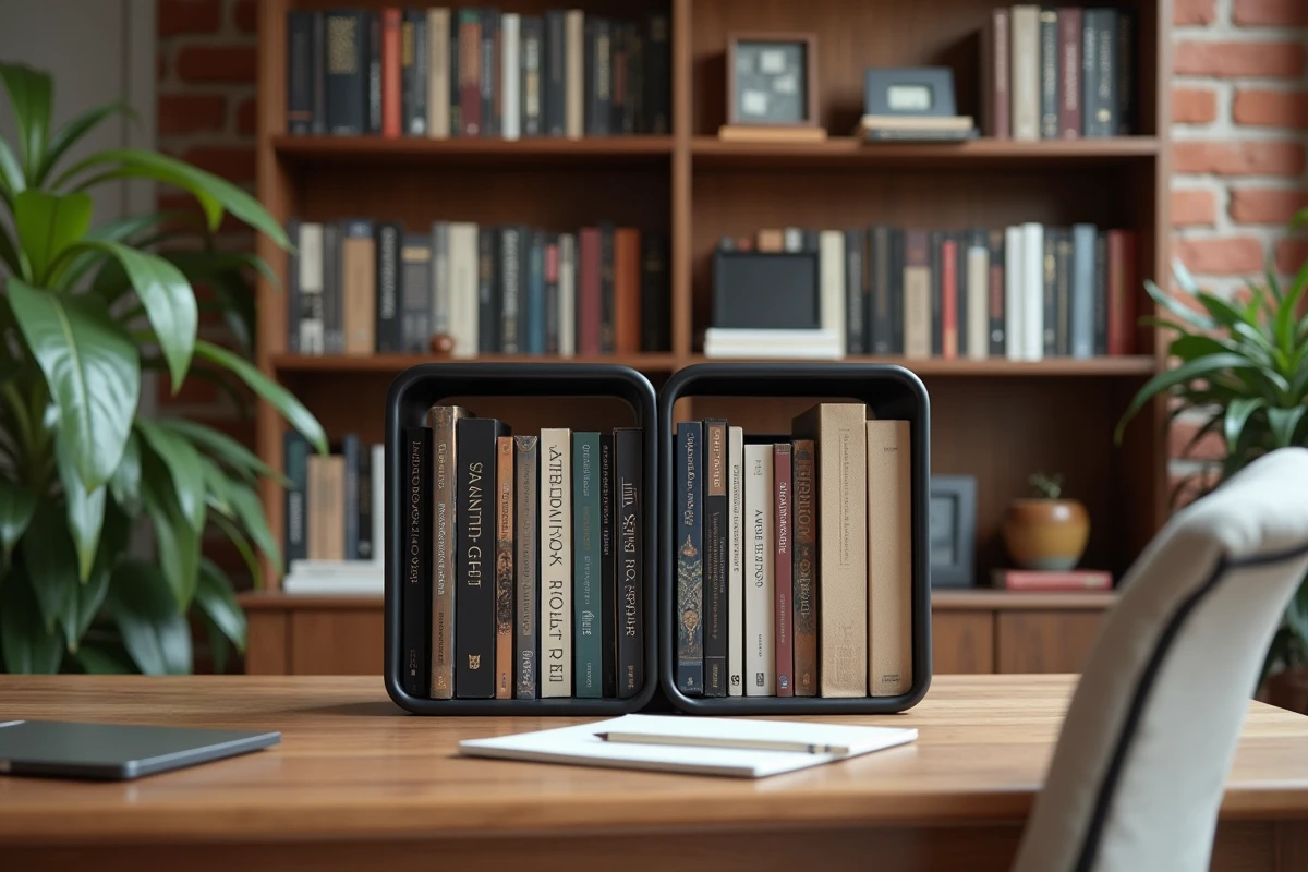 Comparaison entre un Book Stacker métallique et une étagère classique en bois dans un bureau à domicile