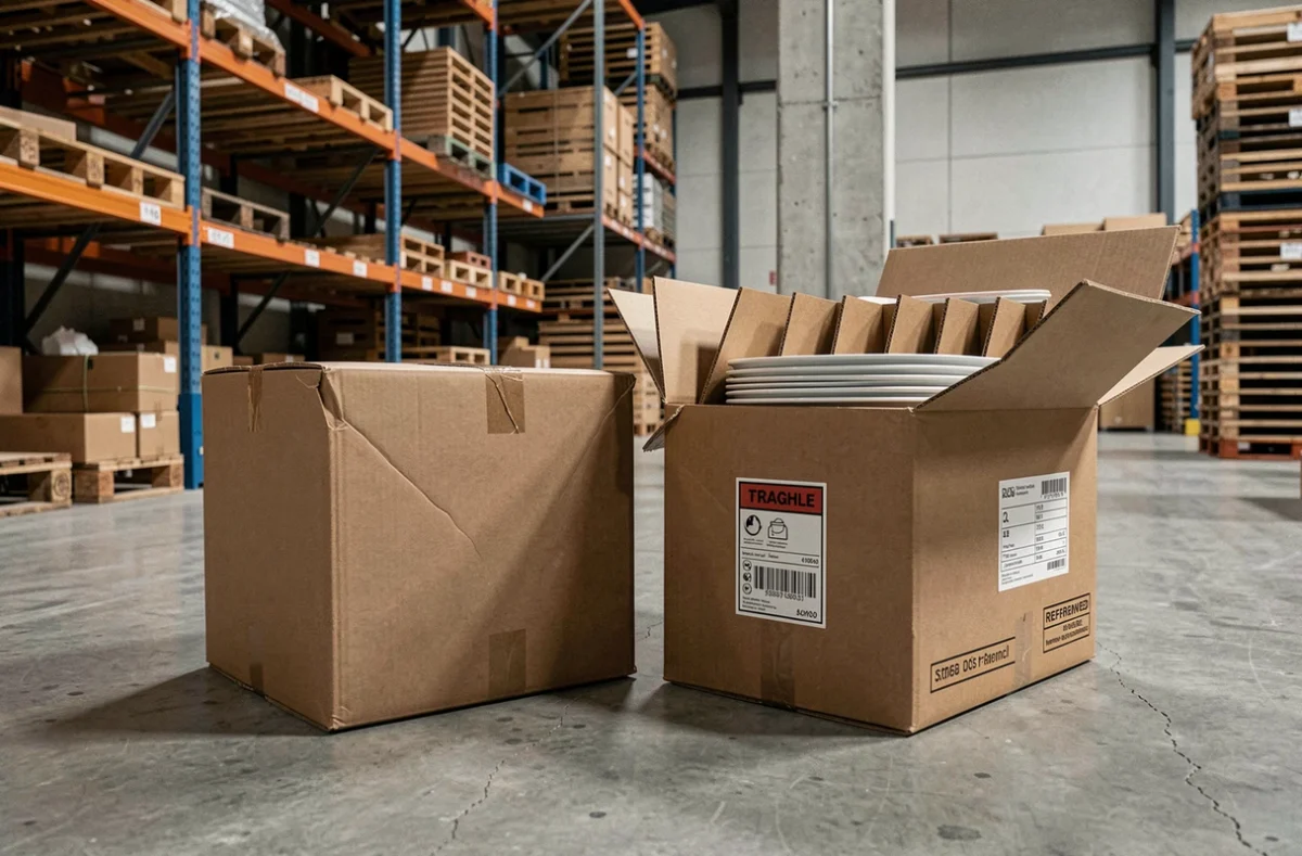 Comparaison entre un carton standard et un carton spécialisé pour vaisselle avec alvéoles de protection sur un sol d'entrepôt
