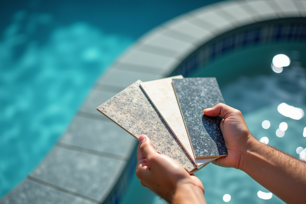 Mains comparant materiaux pour piscine avec eau bleue