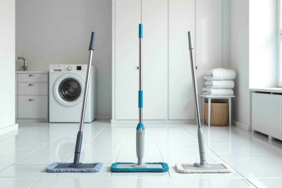 Comparaison de trois modèles de balais lave sols sur carrelage blanc dans une buanderie