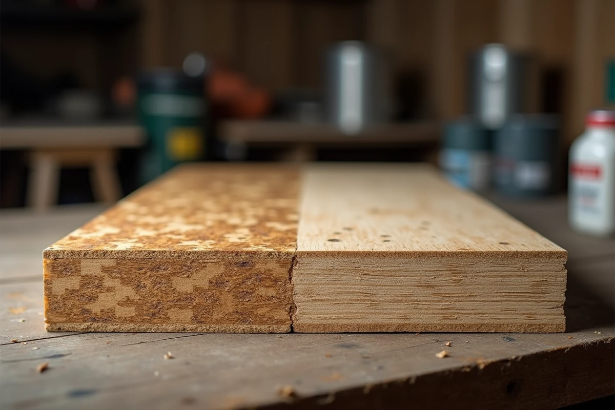 Comparaison entre panneau OSB non traité endommagé par la pluie et panneau OSB protégé avec revêtement imperméable durable en gros plan