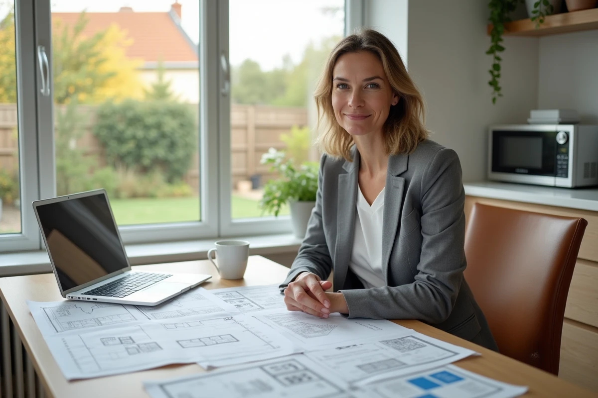 Femme comparant des devis de rénovation et le prix au m² sur une table en bois avec plans d'architecte et ordinateur portable
