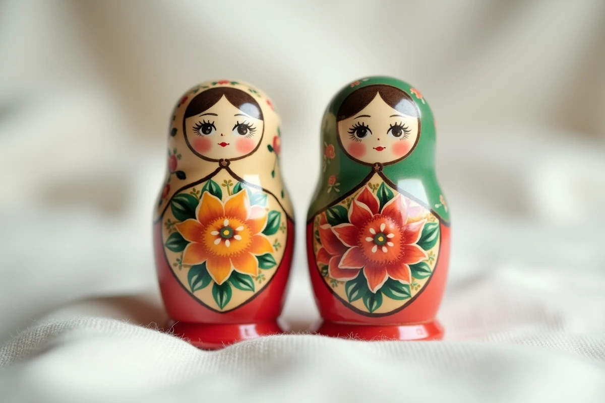 Comparaison côte à côte d'une vraie matriochka artisanale et d'une imitation bon marché, mettant en évidence les défauts de fabrication