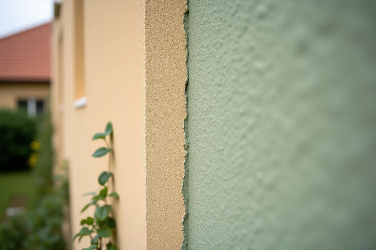 Comparaison en gros plan entre une finition ravalement enduit monocouche texturé et une peinture de façade lisse sur un mur extérieur