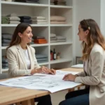 Jeune femme propriétaire consultant une décoratrice d'intérieur autour de plans et d'échantillons de matières dans un studio de design moderne