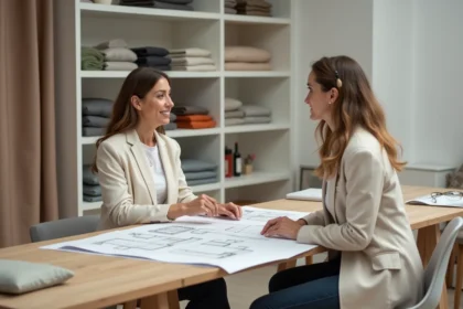 Jeune femme propriétaire consultant une décoratrice d'intérieur autour de plans et d'échantillons de matières dans un studio de design moderne