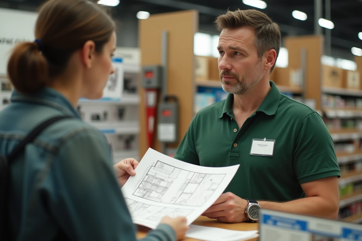 Conseiller en magasin discutant de plans de renovation maison