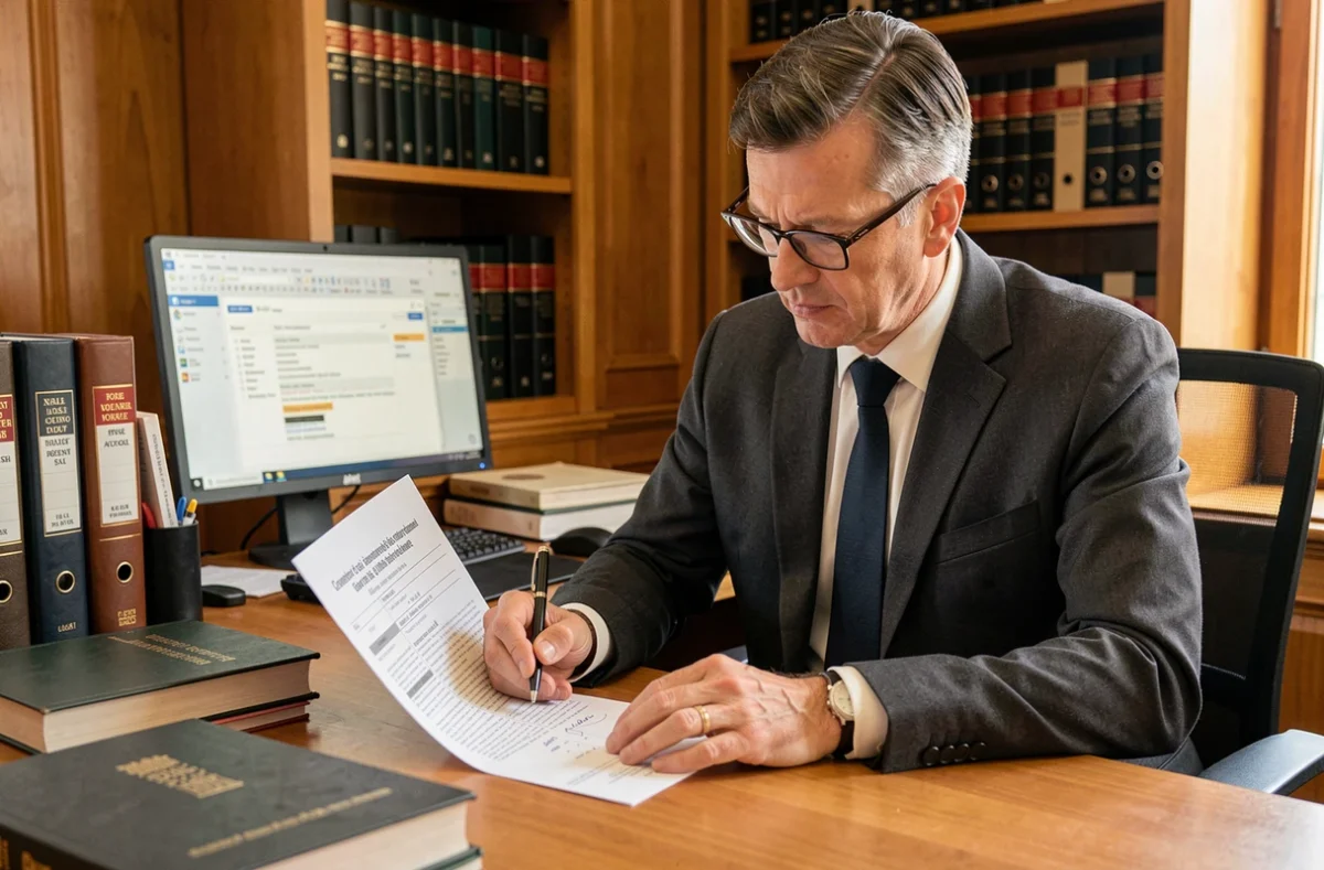 Conseiller juridique analysant les sanctions réglementaires liées à la norme NF P01-012 dans un cabinet d'avocats