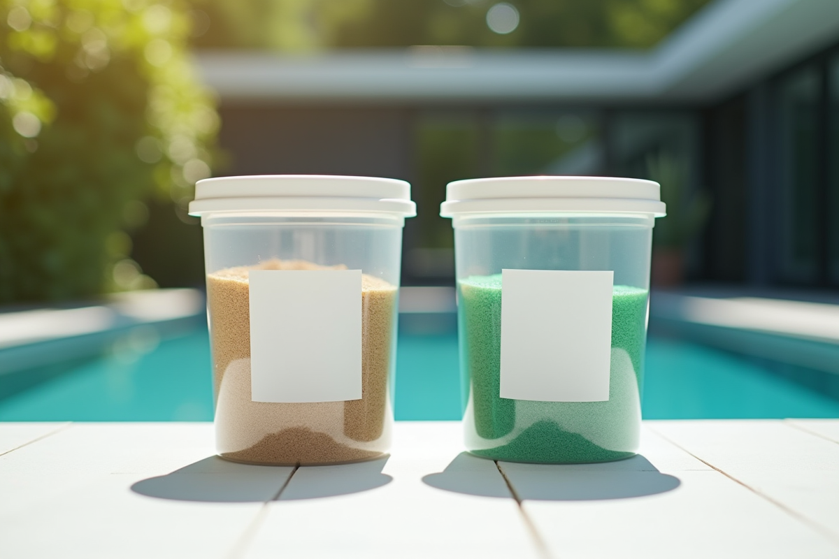 Deux contenants de sable et media filtrant sur table extérieure en plein jour
