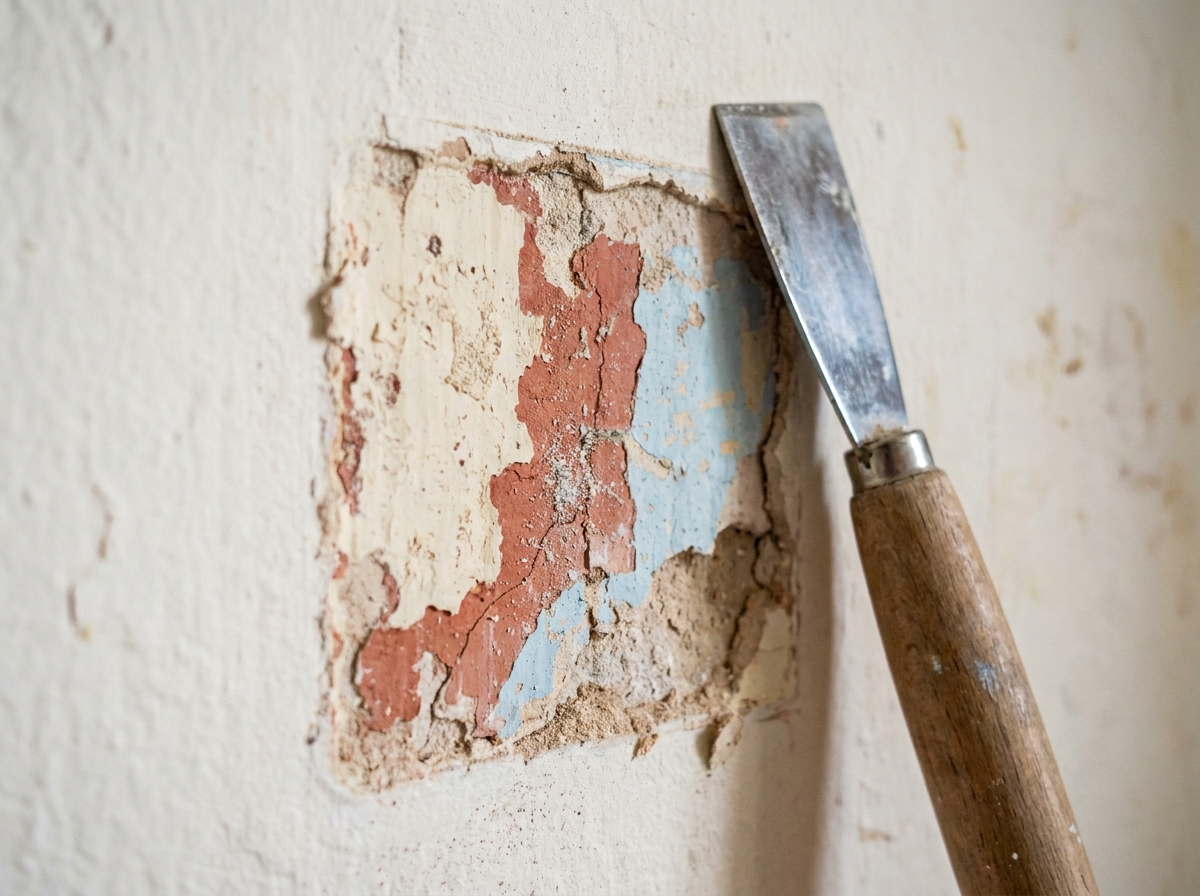 Gros plan sur les différentes couches de peinture anciennes révélées par un test de grattage sur un mur de maison ancienne