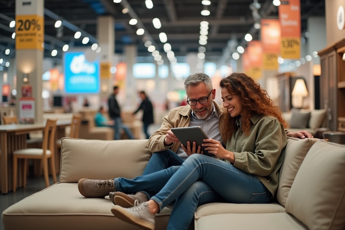 Couple comparant des promotions sur tablette assis sur un canapé dans un magasin BUT en 2026