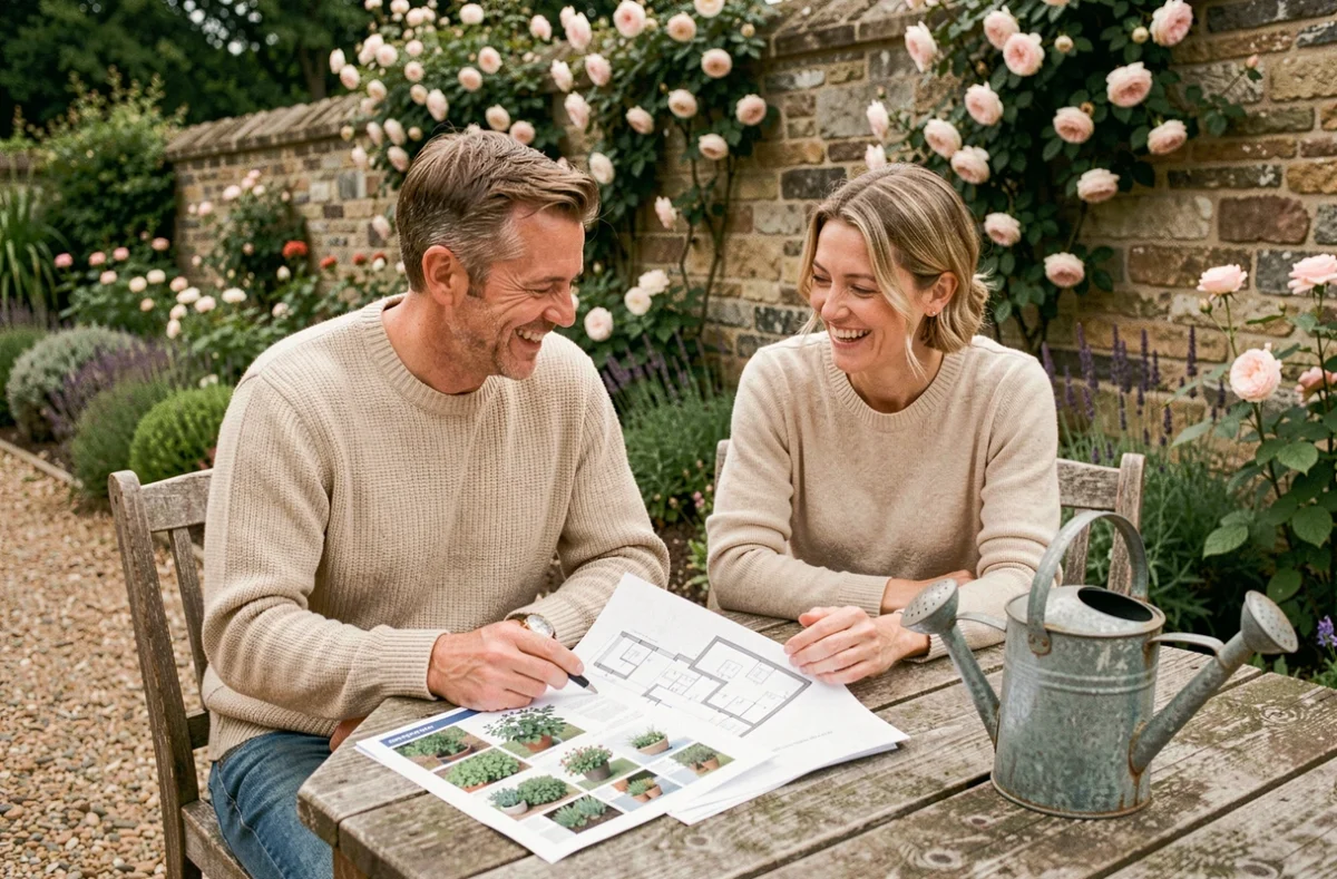 Couple consultant des catalogues de jardinage et des plans d'aménagement extérieur à une table en bois dans un jardin cottage avec bordures fleuries