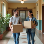 Jeune couple en déplacement dans un couloir d'immeuble