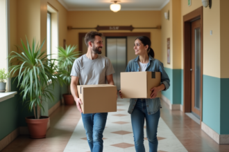 Jeune couple en déplacement dans un couloir d'immeuble