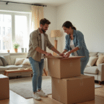 Couple emballant des cartons dans un salon lumineux