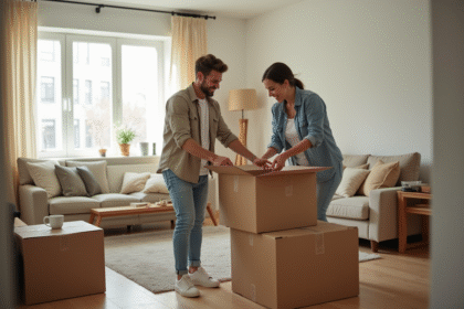 Couple emballant des cartons dans un salon lumineux