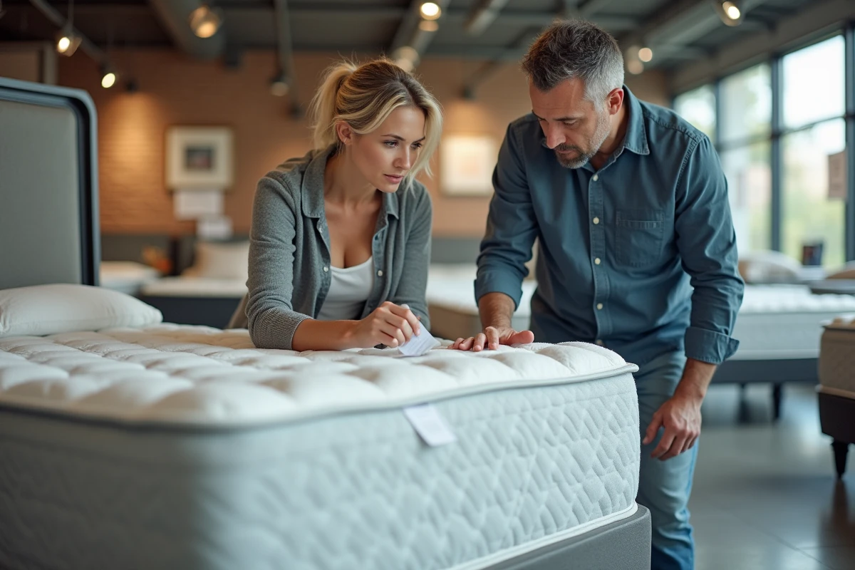 Couple inspectant l'étiquette d'un matelas bas de gamme dans un magasin, comparant les modèles avant achat