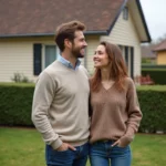 Jeune couple devant leur maison neuve en banlieue française