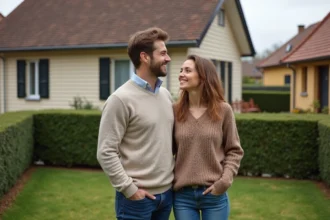 Jeune couple devant leur maison neuve en banlieue française
