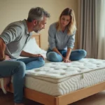 Couple assis sur un matelas affaissé et de mauvaise qualité dans une chambre à coucher, illustrant les problèmes de confort pour les couples