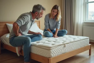 Couple assis sur un matelas affaissé et de mauvaise qualité dans une chambre à coucher, illustrant les problèmes de confort pour les couples
