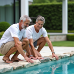 Couple regardant la pierre naturelle autour de la piscine