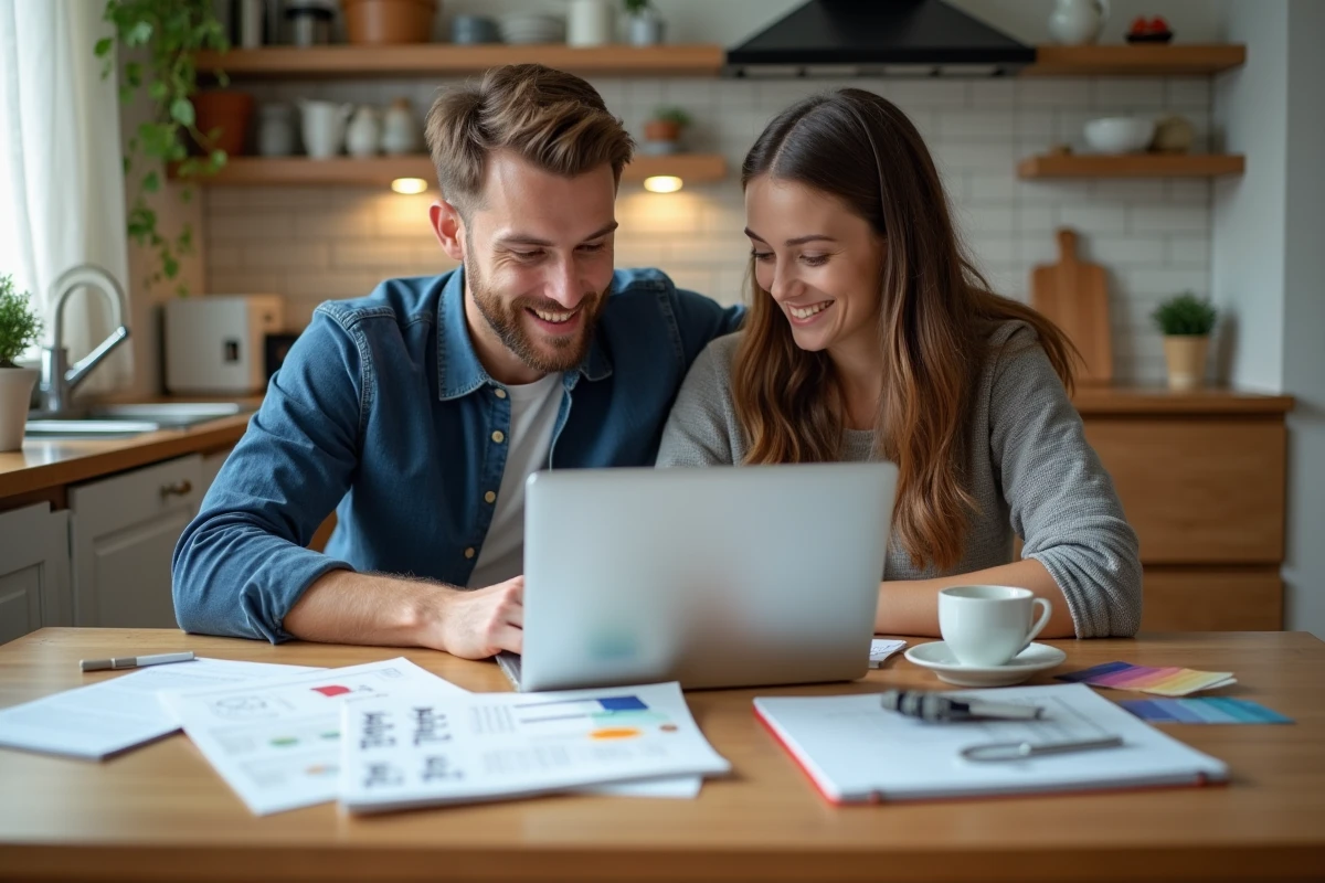 Couple planifiant des petits travaux à la maison en comparant les prix de matériaux sur internet avec un budget optimisé
