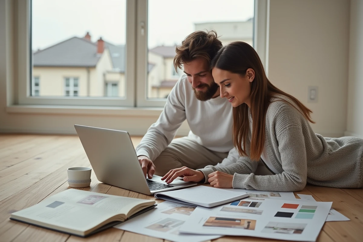 Couple de primo-accédants planifiant la décoration de leur nouvel appartement avec des planches d'inspiration et des échantillons de couleurs