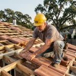 Couvreur posant des tuiles en terre cuite sur une toiture de maison individuelle lors d'une rénovation complète