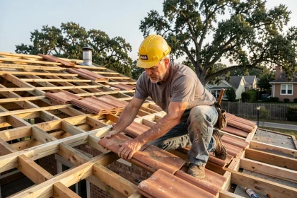 Couvreur posant des tuiles en terre cuite sur une toiture de maison individuelle lors d'une rénovation complète