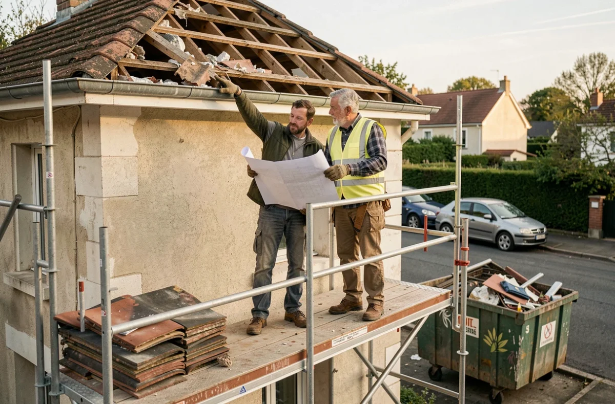 Deux couvreurs sur un échafaudage consultant un plan pour la rénovation complète d'une toiture de maison de ville