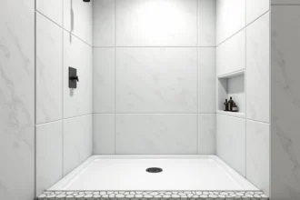 Dalle PVC murale blanche installée dans une douche à l'italienne avec finition effet pierre et niche encastrée