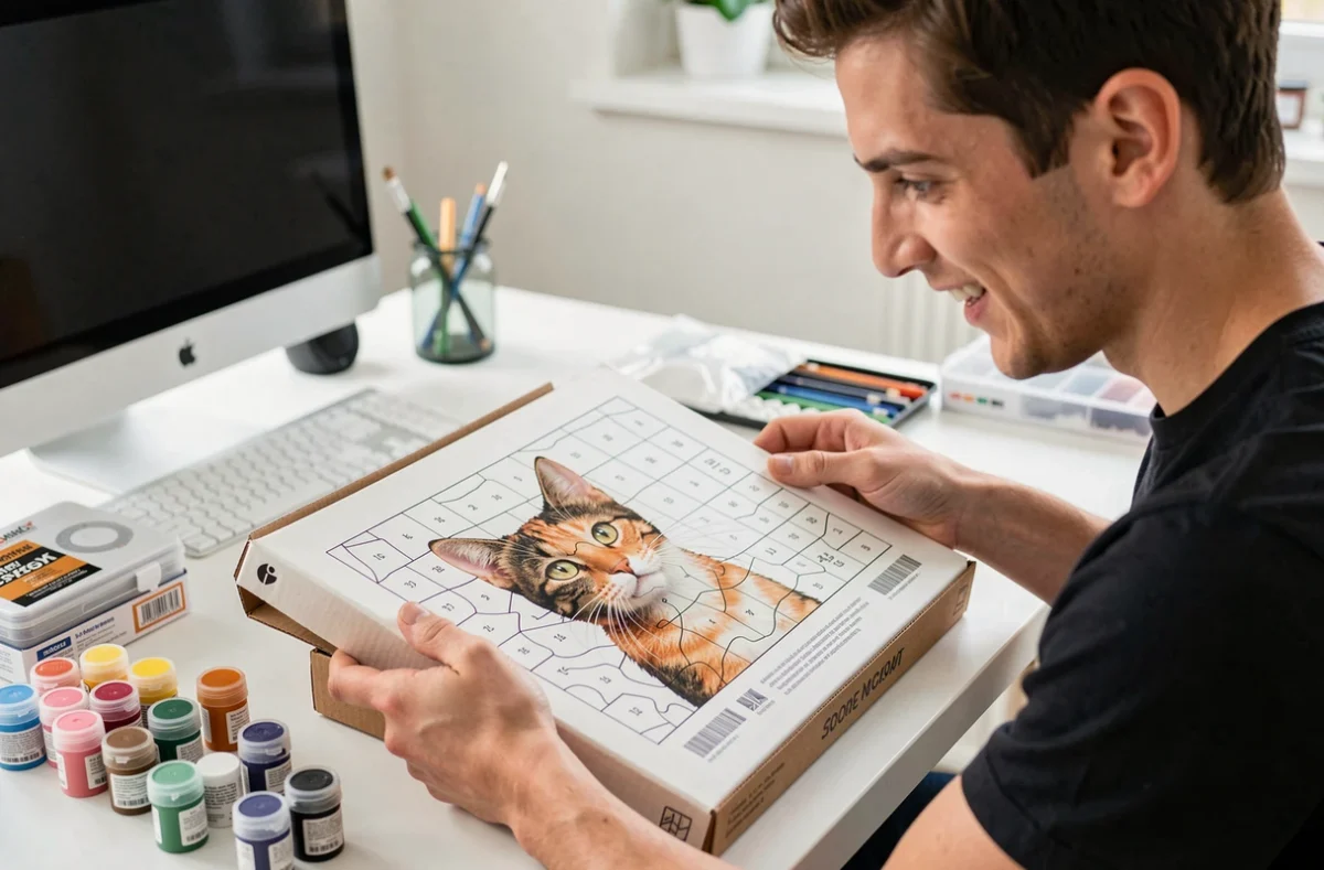 Jeune homme découvrant son kit paint by number personnalisé avec une toile numérotée représentant le portrait de son animal de compagnie