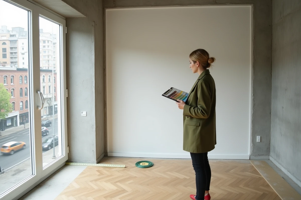 Décoratrice d'intérieur évaluant un appartement vide lors d'une première visite conseil avant aménagement