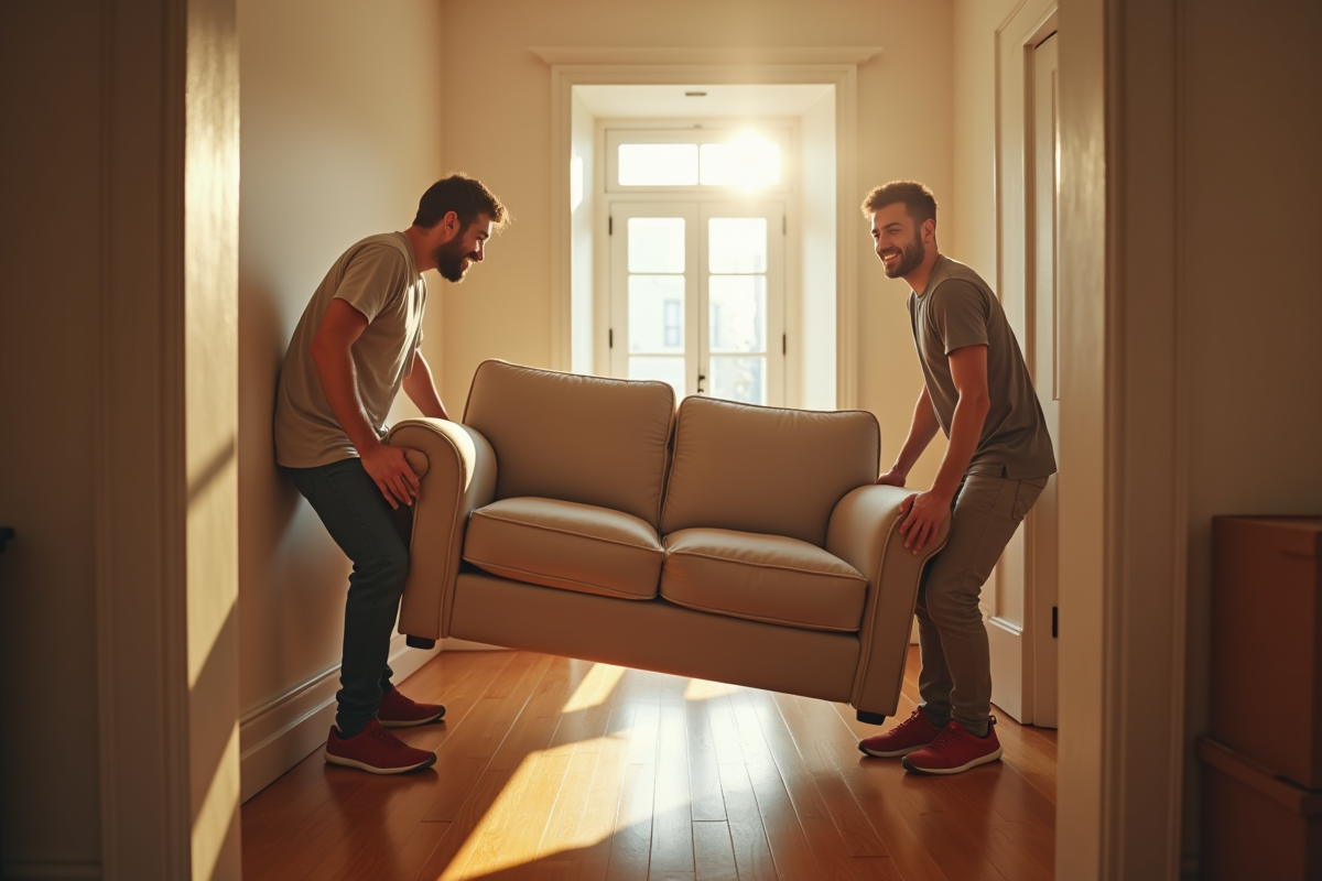 Déménageurs transportant un canapé dans un appartement lumineux