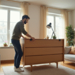 Personne utilisant des sangles pour soulever un grand meuble en bois dans un salon lumineux