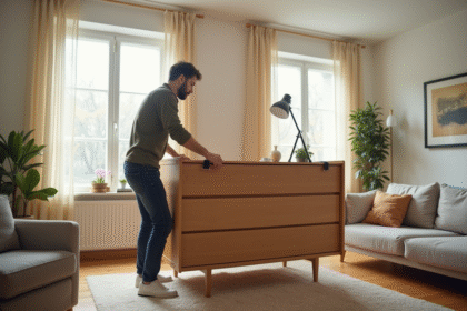 Personne utilisant des sangles pour soulever un grand meuble en bois dans un salon lumineux