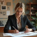 Femme élégante examinant des échantillons de tissu dans un studio de design