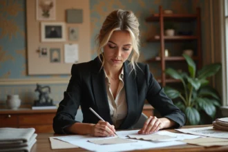Femme élégante examinant des échantillons de tissu dans un studio de design
