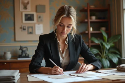 Femme élégante examinant des échantillons de tissu dans un studio de design