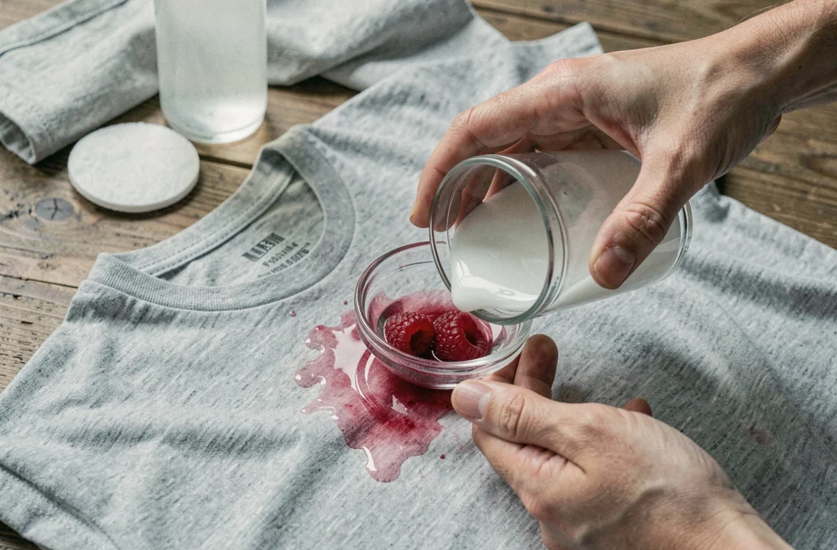 Gros plan sur des mains appliquant du vinaigre blanc sur une tache de framboise sur un tee-shirt gris