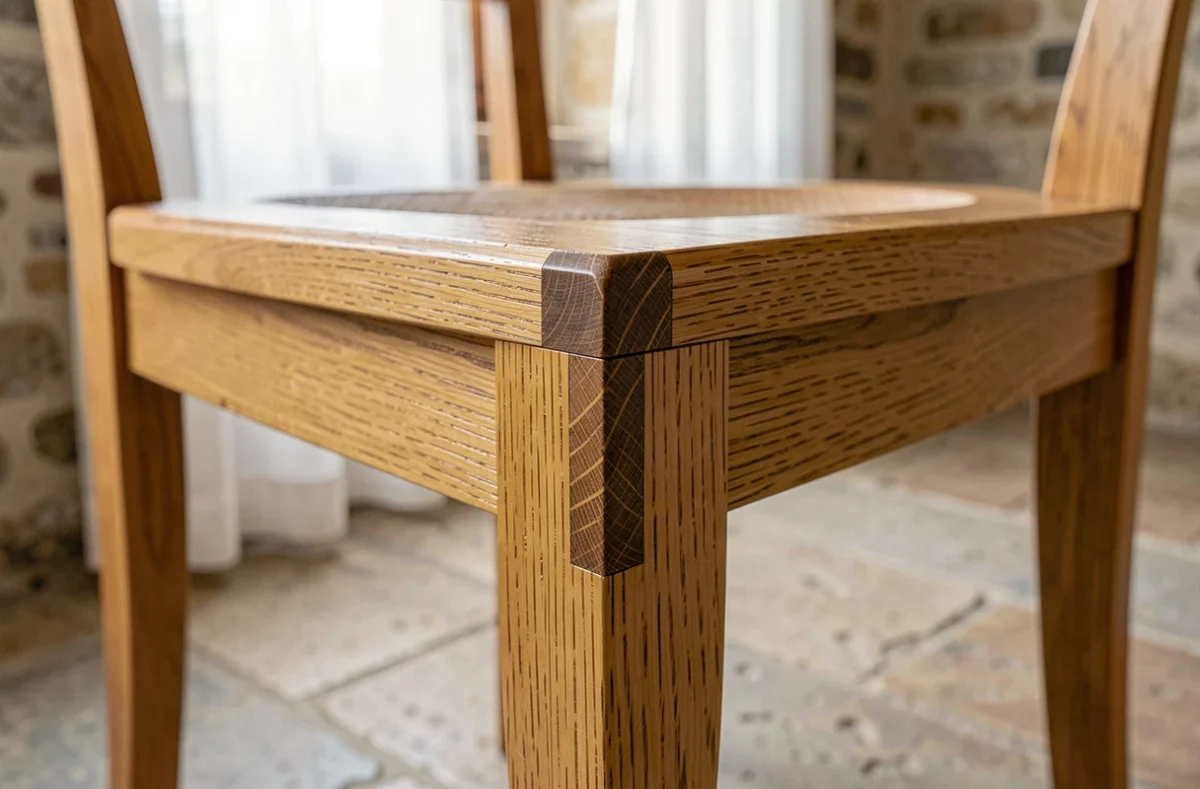 Détail d'un assemblage queue d'aronde sur une chaise en chêne massif fabriquée artisanalement en France