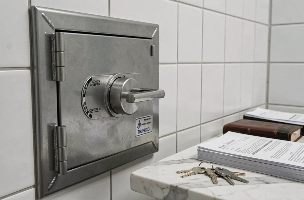 Gros plan d'un coffre fort scellé en acier renforcé avec serrure certifiée et documents professionnels posés sur un comptoir en marbre