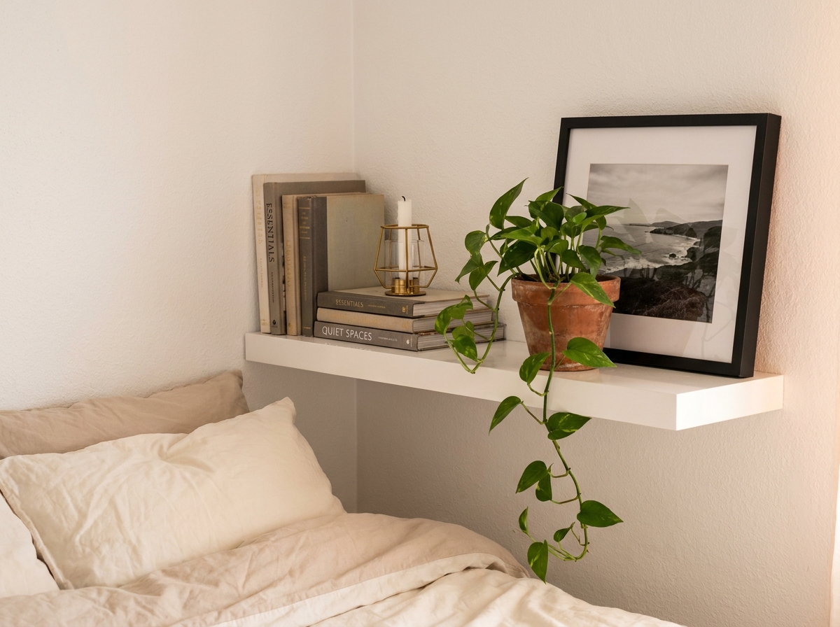 Détail d'une étagère murale blanche décorée avec livres, bougeoir en laiton et plante verte dans une chambre cosy