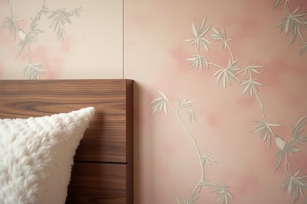 Détail de papier peint japonisant en rose poudré avec motifs bambou et grues pour une chambre zen et reposante