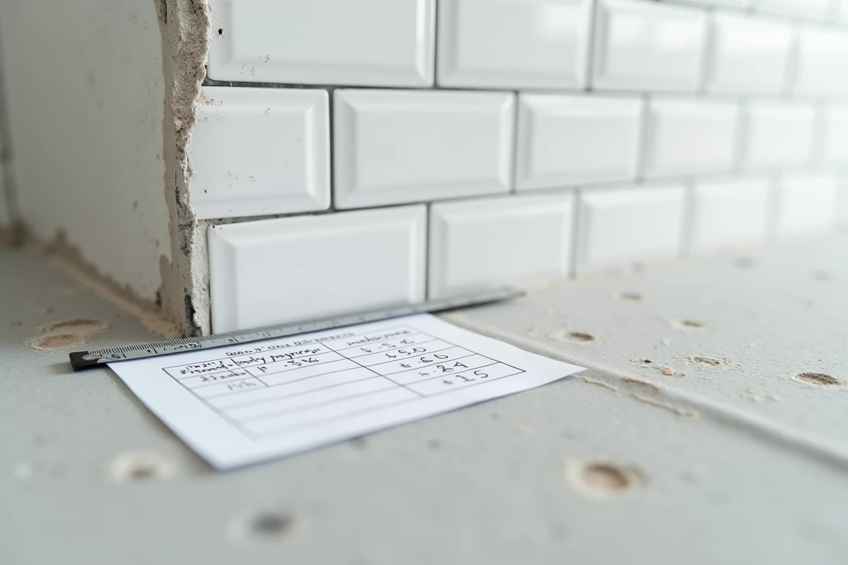 Détail de chantier salle de bain en rénovation avec carrelage, chape béton, mètre ruban et note manuscrite de coût au m²