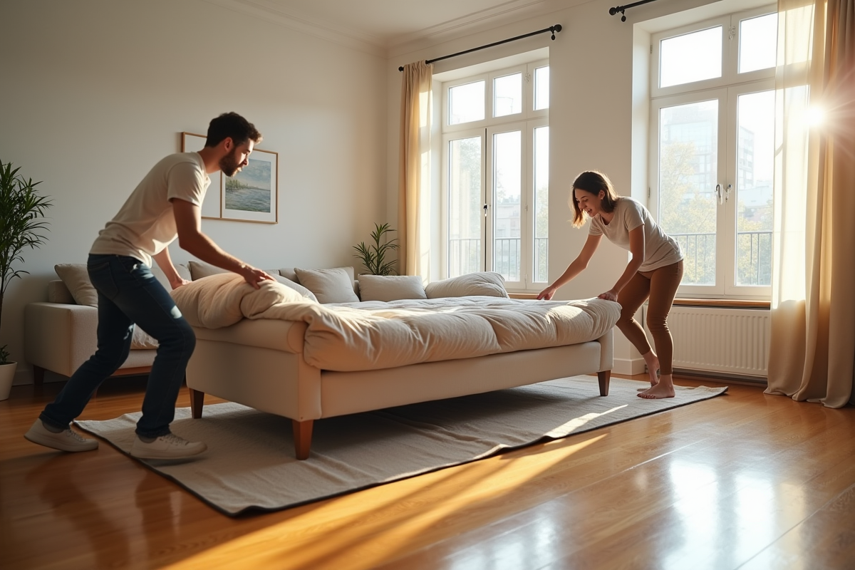 Deux personnes glissant un canapé sur un tapis de protection dans un appartement lumineux