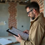 Artisan en veste de travail consultant un devis de rénovation sur un chantier d'appartement avec mur en brique apparente et plâtre frais